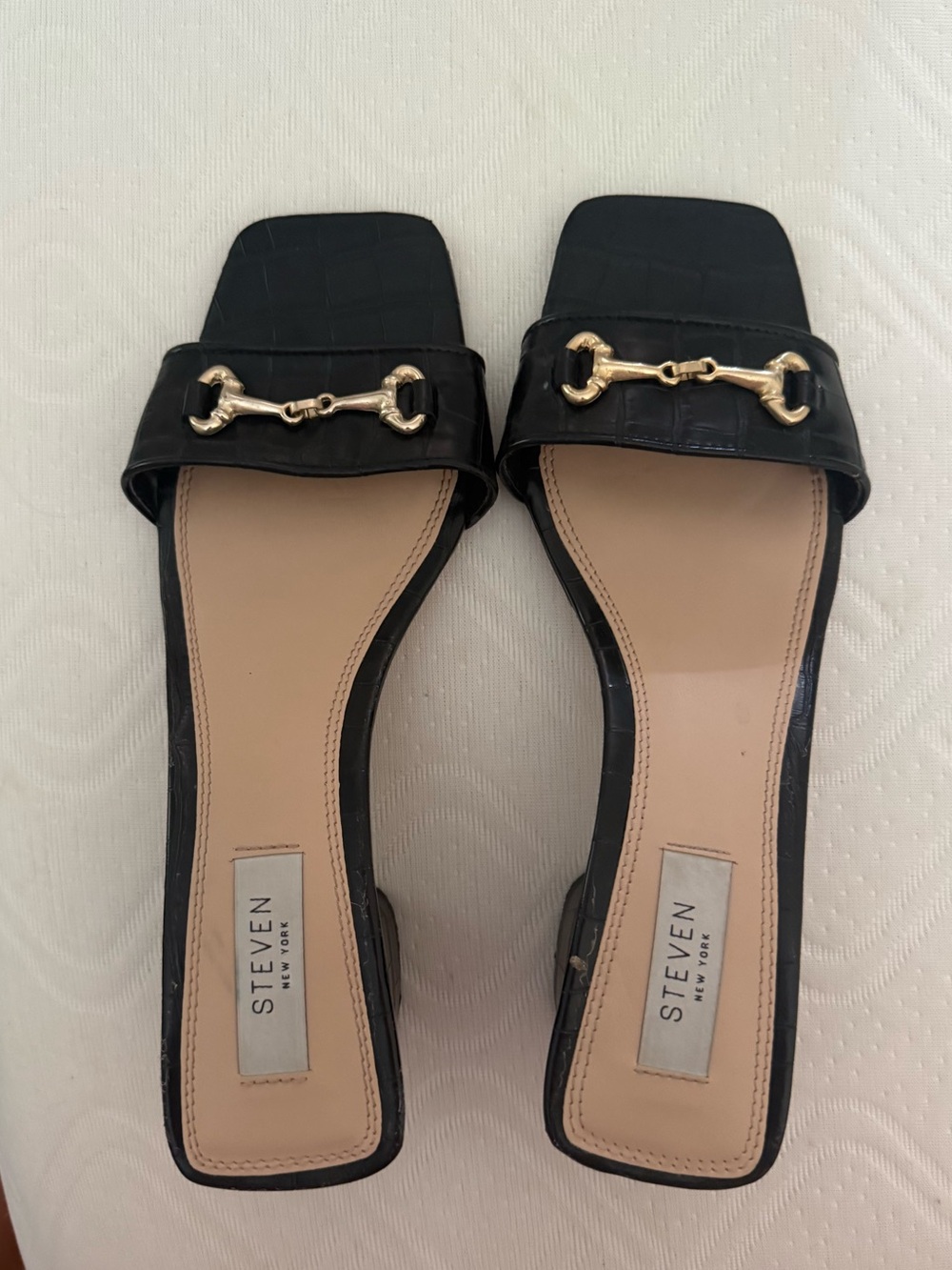 Steven By Steve Madden Black Croc-Embossed Slide Mules with Gold Hardware